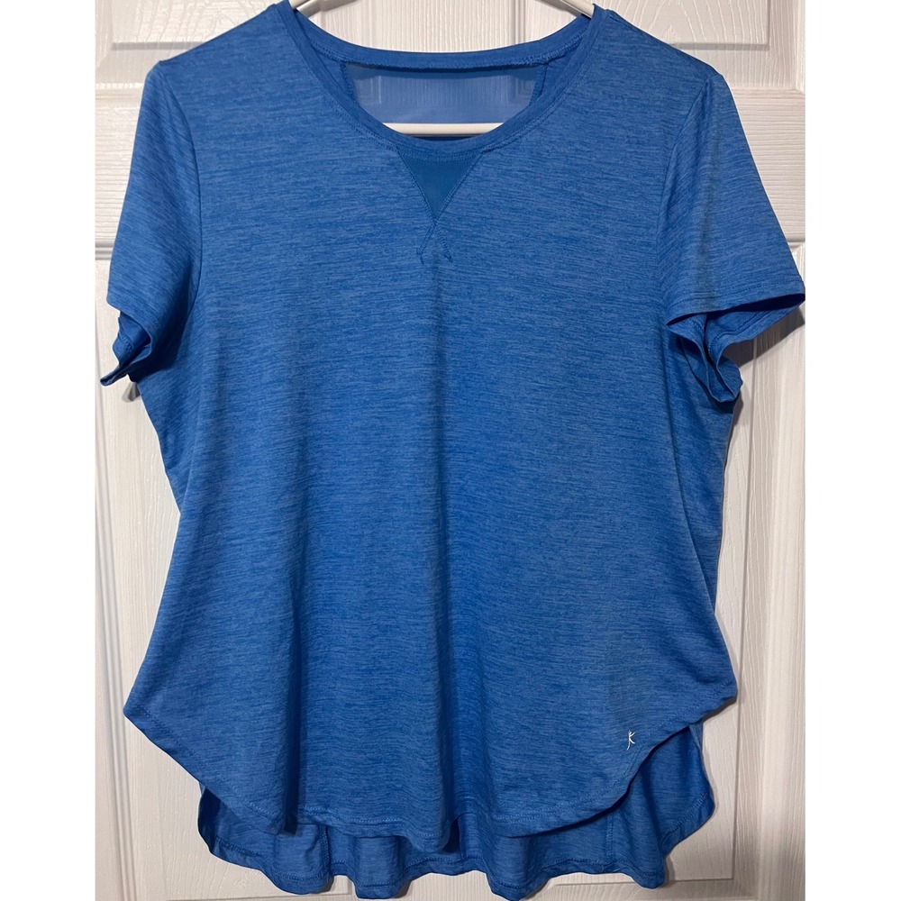 Danskin Now Womens Blue‎ Heather Mesh Back Tulip Hem Workout Top Large 12-14